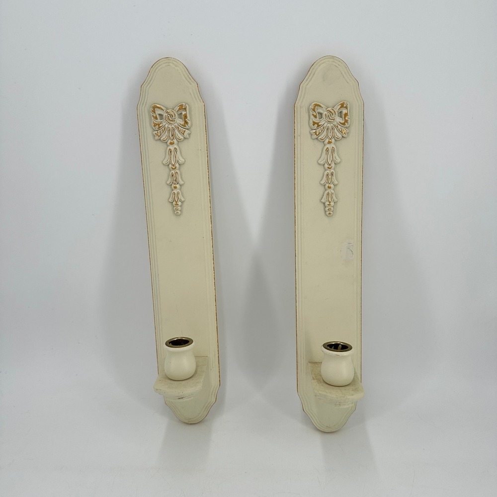 Vintage Off White Gold Bow Tassel Wall Sconce Candle Holder Set of 2 Ornate Wood